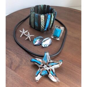 Vintage Jewelry Lot Boho Beach Blue Murano Glass Abalone Shell